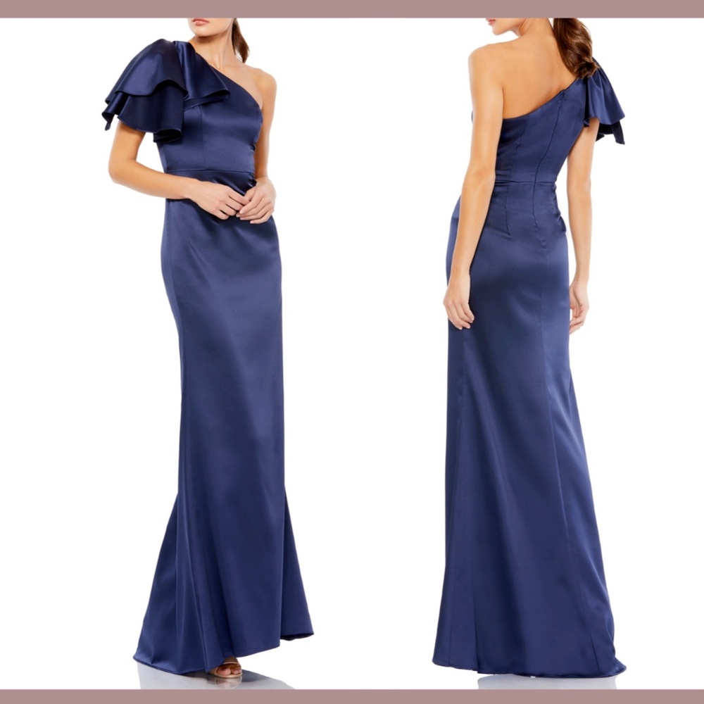 NWT $358 IEENA Mac Duggal [ 4 ] Ruffle One Shoulder Satin Gown in Navy‎ Blue